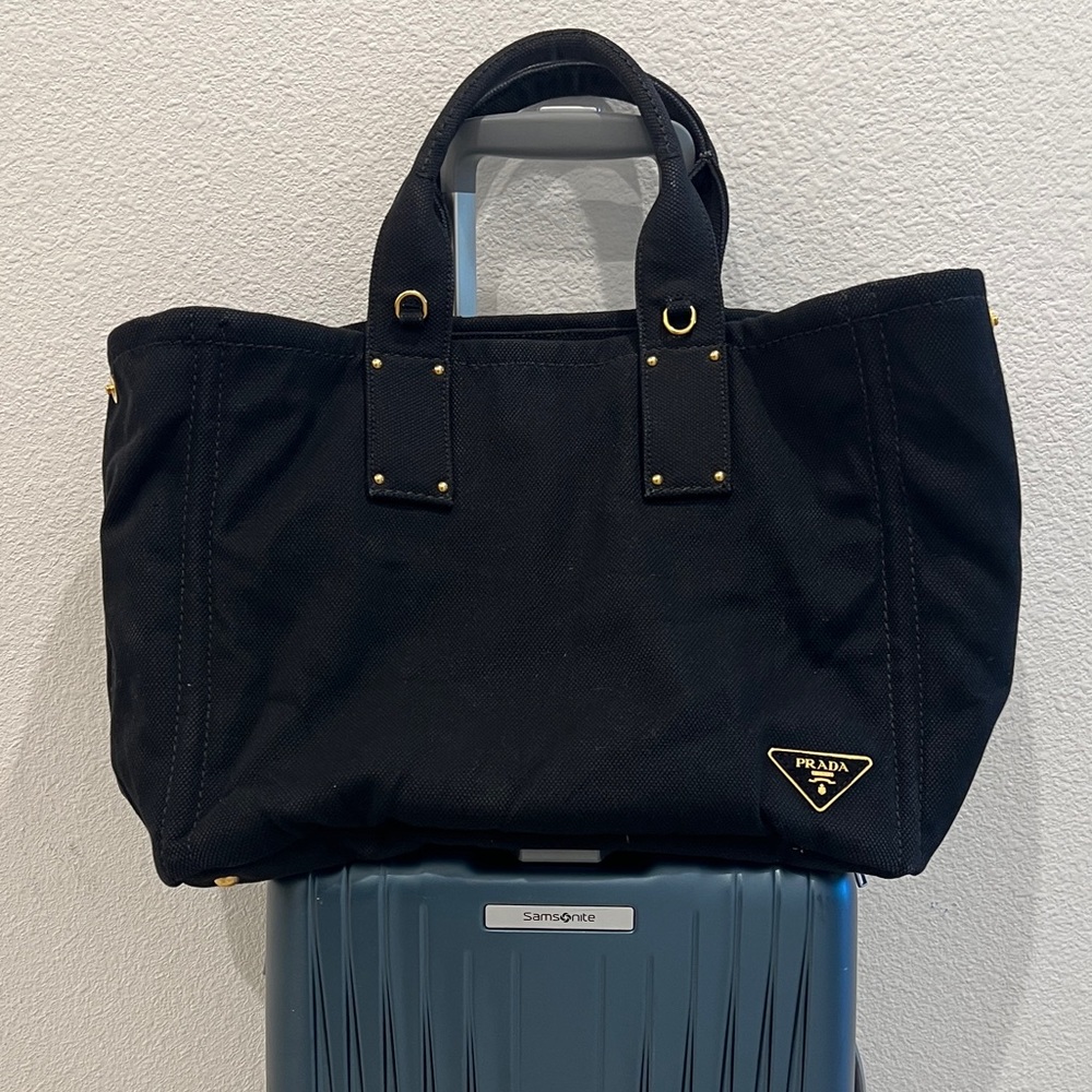 Prada Black Canvas Weekender Tote Bag